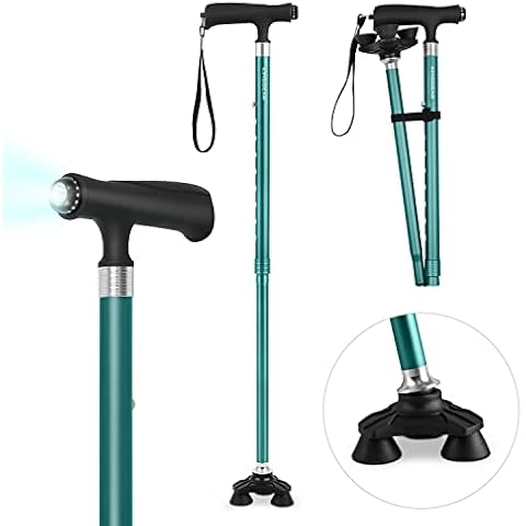 KINGGEAR Walking Cane for Women & Men, Adjustable Lightweight LED Walking Stick with Autonomous Standing, Large Sturdy 360 Swivel Base Crutches Cane for Seniors Cover