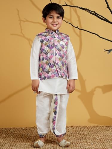 Image of AJ DEZINES Kids Silk Blend Full Sleeve Embroidered Dhoti Kurta Set for Boys - Ethnic wear | Traditional & Festival Wear|Waistcoat for boys - Regular Fit