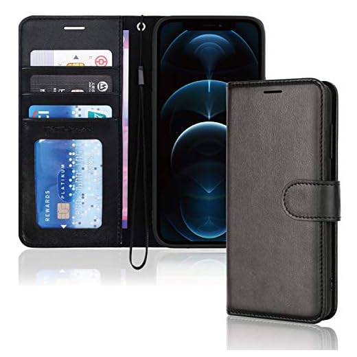 TECHGEAR iPhone 12 Pro Max plånboksfodral i läder, flipfodral med plånbokskorthållare, stativ och handledsrem – svart PU-läder med magnetisk stängning designad för iPhone 12 Pro Max