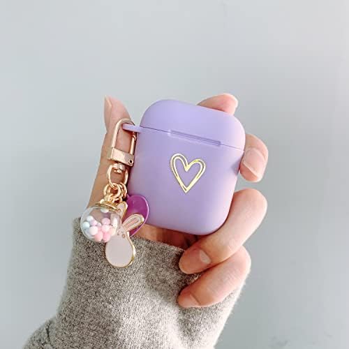 Ownest Compatible for AirPods Case Gold Heart Pattern Cute Soft TPU with Lucky Ball Keychain Shockproof Cover Case for Girls Woman Airpods 2 &AirPods 1-Purple
