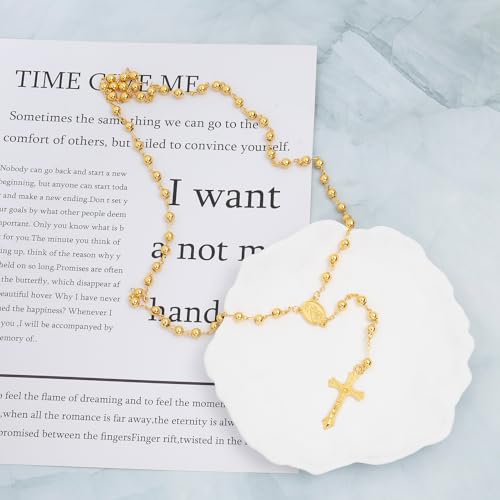 18K Gold Plated Virgin Mary Rosary Bead Cross Necklace for Women Men2