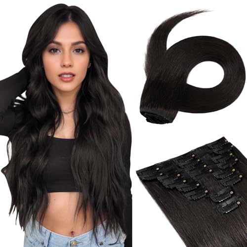 Image of Benehair Clip in Hair Extensions Real Human Hair, Blonde Hair Extensions Clip in Human Hair for Women, Long Straight, Remy Natural, Full Head 8pcs 8inch #1B Natural Black