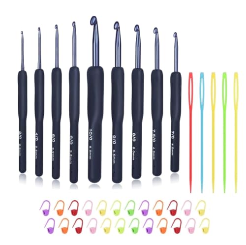 Image of VIRADHAM Crochet Hooks Set of 9 - Aluminum Crochet Needles with Soft Rubber Handles And Stitch Markers - Ergonomic Kit for Arthritic Hands - Comfortable Grip Yarn Craft Tools for All Skill Levels (Crochet hook black needal)