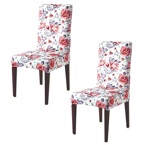 Image of HOKIPO Premium Printed Velvet Chair Cover Set of 2 for Dining Table, Red Cottage Rose (AR-5794-D6*2)