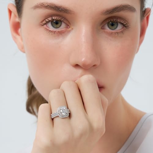 Image of Moissanite Wedding Ring Set for Women, D Color VVS1 Cushion /Emerald Cut Bridal Set Wedding Bands S925 Sterling Silver with 18K White Gold Plated Engagement Anniversary Rings for Her Size 4-8.5