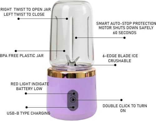 Image of ZENOVIA Portable Juicer Bottle, Purple | Dual Cup, USB Rechargeable Smoothie Maker, Leakproof Mini Juicer, Travel, Gym & Kitchen