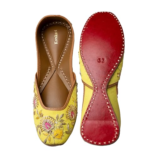 Image of KORAKARI Women's Traditional Ethnic Amber Punjabi Jutti, Leather Flat Comfortable Mojaris for Girls