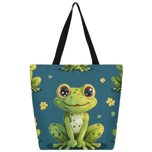 Mularoka Cute Frog Flower Large Capacity Canvas Tote Bag Stylish Handheld Shoulder Bag Reusable Shopping Bag for Work Travel Beach Trips Shopping
