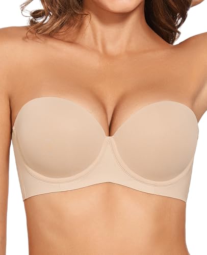 Strapless Push Up Bras for Women Thick Padded Balconette Seamless Convertible Bra for Small Chested Add a Cup
