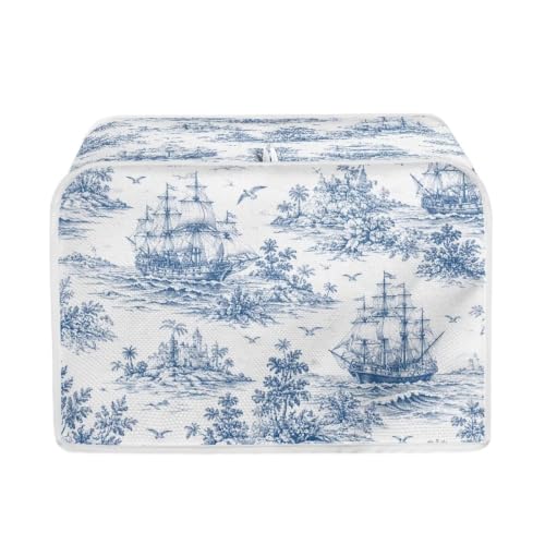 Image of Talayituse Toile De Jouy Sailboat Print 2 Slice Toaster Dust Covers Kitchen Small Appliance Cover, Stain Resistant Dust Protection Bread Machine Cover with Top Handle, S