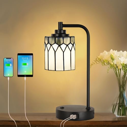 HomeBeauty TL0019 Tiffany Table Lamp with 2 USB Charging Ports, Desk Lamp with Geometric Stained...