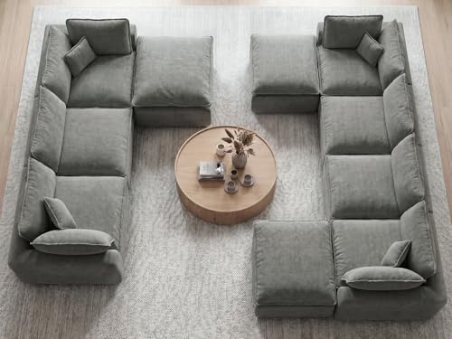 Image of COSIEST 139'' Boneless Sectional Couch, Modular Sectional Sofa with Ottoman, 6 Seater U Shaped Cloud Couch for Living Room, Grey