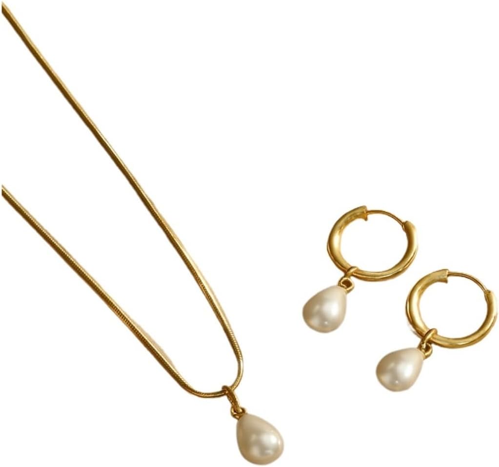 3pc Waterproof And Non-Fading Pearl Hoop Earrings Necklace Set
