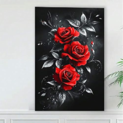 Art mural rose rouge cadre bois 50x75 cm impression sur toile décoration de salon