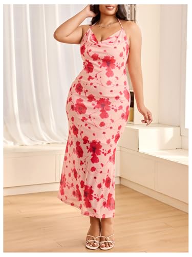 Image of Floerns Women's Plus Size Leopard Print Sleeveless Halter Dress Backless Club Bodycon Maxi Cami Dresses