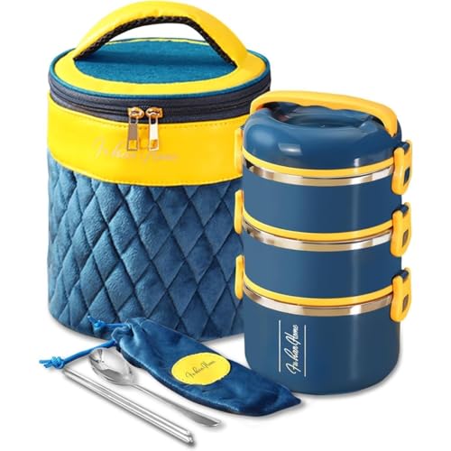 【Wafity】 食器送り用 保温ランチジャー 二段 三段 お弁当箱 バッグ 箸 スプーン 真空断熱 子供 大人 女性 男性 通勤 通学 アウトドア 保温袋付き (2.5L,ダークブルー)