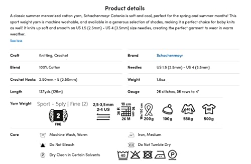 [ Set of 2 Skeins ] Catania Yarn Schachenmayr Originals 100% Mercerized Cotton Yarn, Total 3.52 Oz. Each 1.76 Oz (50g) / 136 Yrds (125 m) Amigurumi Yarn Fine-Sport 2 (100 Mimosa)