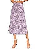 LYANER Women's Floral Print Side Split High Waist Zipper Midi Skirt Purple X-Small