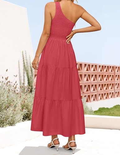 Image of ZESICA Women's 2026 Bohemian Summer Floral Print One Shoulder Sleeveless Smocked Ruffle Tiered Beach Long Midi Dress