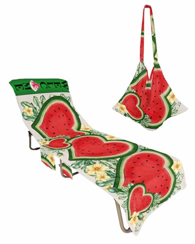 Red Green Watermelon Beach Chair Towel Covers for Chaise Lounge with Side Pocket, Soft Plush Pool Towels Cover for Patio Sunbathing Outdoor 29''x85'' Summer Botanical Plant Leaves