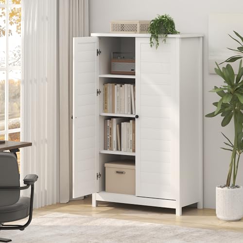 Image of Furinno Robin Storage Cabinet, 4-Tier Pantry Cabinet, 2-Door, Plain White