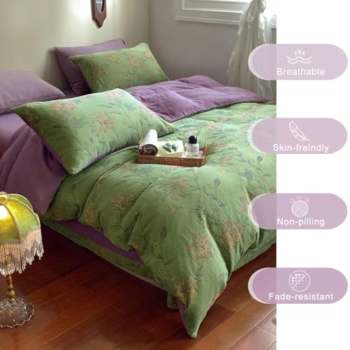VM VOUGEMARKET Green Duvet Cover Set Full,Lily Flower Jacquard Duvet Cover with 2 Pillowcases 3Pcs Yarn-Dyed Linen Cotton Green Purple Bedding Set for Teens Girls Without Comforter-80 x90