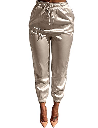 VWIWV Women s Drawstring Waistband Satin Joggers Casual Sports Sweatpants with Pockets Beige