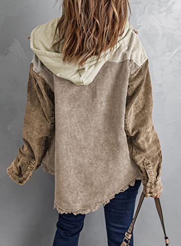 Dokotoo Womens 2024 Fall Corduroy Shacket Jacket Long Sleeve Button Down Color Block Hooded Coat with Pockets - Image 3