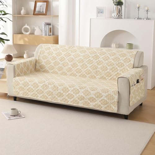 Image of HOKIPO 'VivaCasa Series' Polyester 3 Seater Quilted Sofa Cover with Pockets, Ogee Ivory (NEW-IN-742-D6)