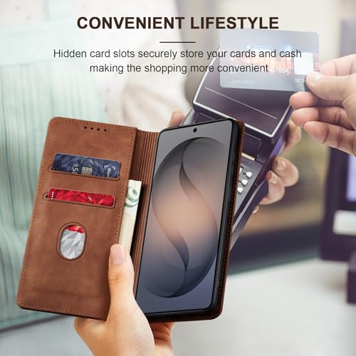 Image of Jasonyu Flip Wallet Case for Samsung Galaxy S26 Plus /S26+ 5G,Leather Magnetic Folio Cover with Card Holder,Kickstand - TPU Shockproof Durable Protective Phone Case,Brown