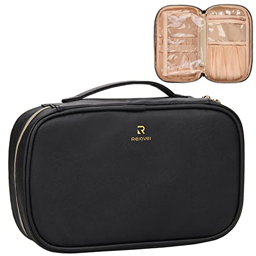 Relavel Makeup Brush Bag Cosmetic Case for Makeup Artists Large Capacity Brush Holder Organizer with Removeable Clear Bag Waterproof Travel Portable Pouch Black