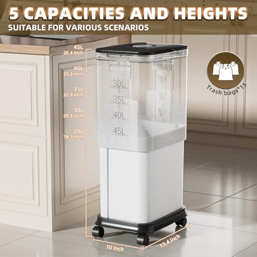 Image of Kitchen Trash Can with Lids and Wheels, 20l-45l Rolling Garbage Can with Adjustable Capacity /Height, Plastic Tall and Large Trash Bin, White Indoor TrashCan on Wheels, Movable Trash-Can