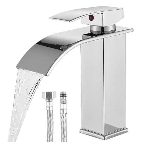WIYETY Grifo de baño de color plateado con cascada con monomando, manguera de acero inoxidable de 60 cm, grifo mezclador para baño y aseo de invitados, grifo mezclador