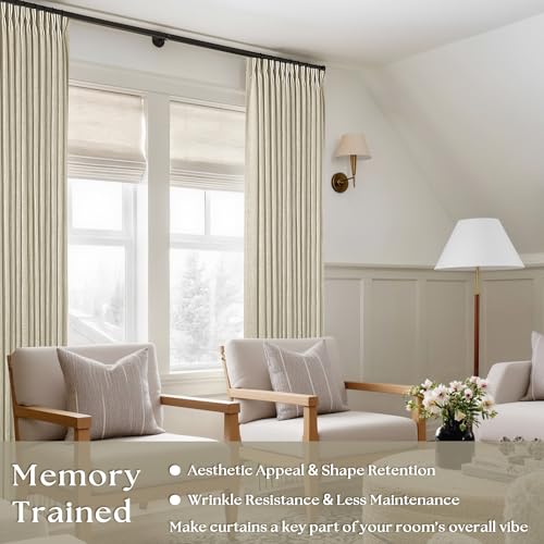 Image of 92 Inch Beige Linen Curtains 2 Panels Set Pinch Pleated for Living Room Bedroom Memory Training Shaped Semi Sheer Neutral Tan Flax Burlap Pleat Drapes Hooks Rings Light Filtering Window Curtain