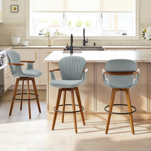 Image of LUNLING 26 inch Counter Height Stools,Mid Century Modern Bar Stools,Blue PU Leather Kitchen Island Stool,Wood High Barstools Swivel with Back and Arms for Home Bar Furniture,1PCS