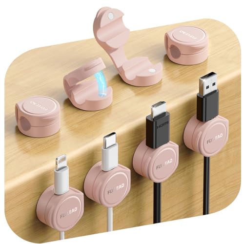 FLYLEAD 8 Pezzi Organizzatore Cavi in Silicone Clip Magnetiche Fermacavi Adesivi Autoadesivo per Cavo da Comodino, HDMI, USB, Accessori da Scrivania, Rosa