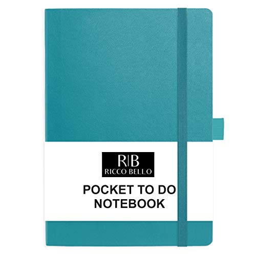 RICCO BELLO Pocket to Do List Personal Organizer Hardcover Notebook, Elastic Band Closure, Pen Loop, Ribbon Bookmark, Vegan Leather, Storage Pocket, 4.25 x 6 inches (Teal)
