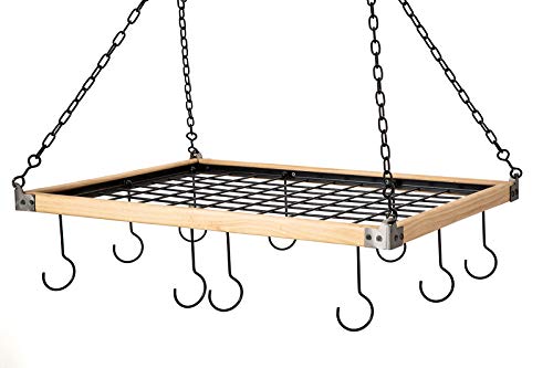 Soduku Pot Pan Rack With Shelf Grid, Ceiling Mounted Hanging Multi-Purpose Wood & Metal Cookware Hanger Organizer Kitchen Storage With 10 Hooks #TOP3