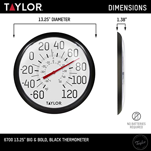 Taylor Big and Bold Wall Thermometer, Indoor Outdoor Thermometer, Wireless Thermometer with Easy to Read Numbers for Patio, Pool, and Indoor Areas, 13.25-inch, Black