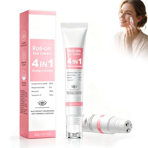 Crema Contorno Ojos 4‑en‑1 con Niacinamida, Retinol, Vitamina C y Ácido Hialurónico, Roll-On Hidratante y Reafirmante, Reduce Líneas Finas, Ojeras y Bolsas, 20 ml