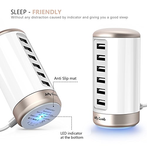 USB Charger 6-Port USB Wall Charger : Jelly Comb Universal Multiple USB Charger Station with Smart Identification for Phones, Tablets and All Other USB Devices - White & Gold - Thumbnail 5