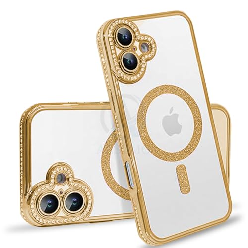Image of AESTMO Back Cover for iPhone 16 Plus Compatible with MagSafe | Diamond Glitter Case | Luxury Bling Rhinestone Soft Clear TPU Bumper | Camera Lens Protection Cover for iPhone 16 Plus (Gold)