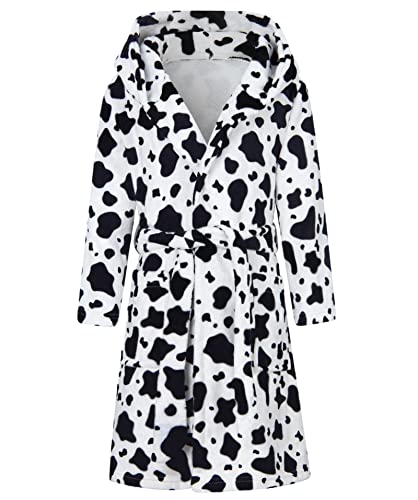 Aideaone Girls Bathrobes Cow Plush Hooded Robe Soft Flannel Sleepwear With Pockets Size 13-14 #TOP14