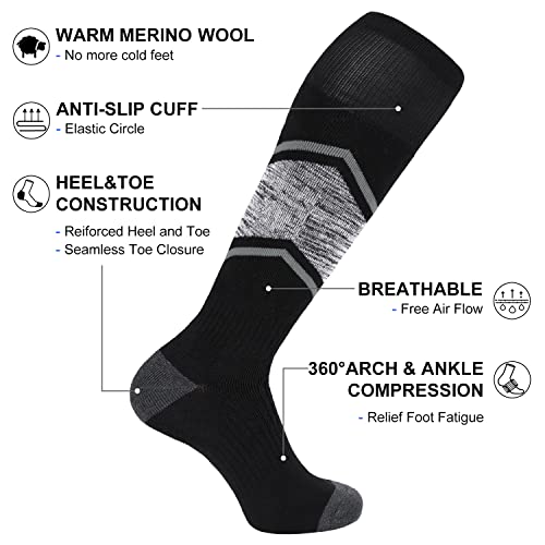 Fitrell 2 Pack Men's Ski Socks Full Cushioned Winter Wool Thermal Knee High Warm Boot Socks For Skiing Snowboarding, Black+Grey, Large #TOP3