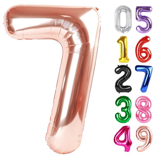 Image of Rose Gold Number 7 Balloon 40 Inch, 7th Birthday Party Decorations, Giant 7 Foil Balloon for Party Supplies