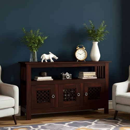Image of Amazon Brand - Solimo Solid Sheesham Wood Jharokha Sideboard Cabinet with 3 Doors & 1 Open Shelf | Multipurpose Wooden Storage Organizer for Bedroom, Living Room, Kitchen Home & Office (Walnut Finish)