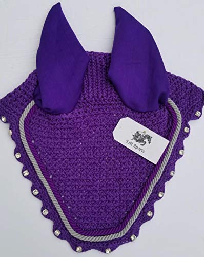 Horse Fly Bonnet with Ears Net Mask Veil with Crystals Blings Hand Made Breathable Cotton Crochet Shows Protect from Bugs and Flies (Cob, Purple)