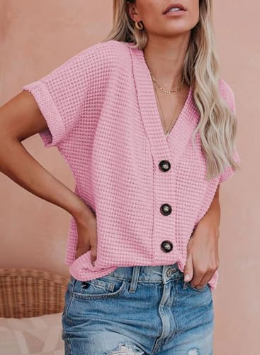 Image of Dokotoo Womens Summer Tops 2026 Waffle Knit Button Down Shirts Casual V Neck Short Sleeve Shacket Jacket Dressy Blouses