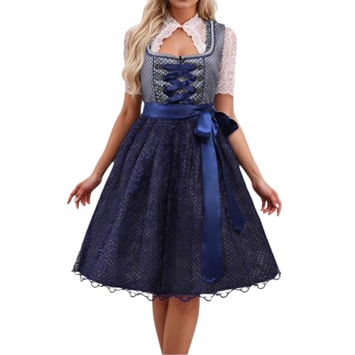 Generic - Generic Women's Oktoberfest Dirndl Dress - Blue, XX-Large, Maxi, Traditional/Folk, Checkered, Puff Sleeve, Laced Up, Mid Waist, Festive Occasions, Party