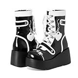 XYKHUI Goth Platform Buckle Boots for Women's Chunky High Heel Lace Up Punk Motorcycle Combat Boots with Chain Black